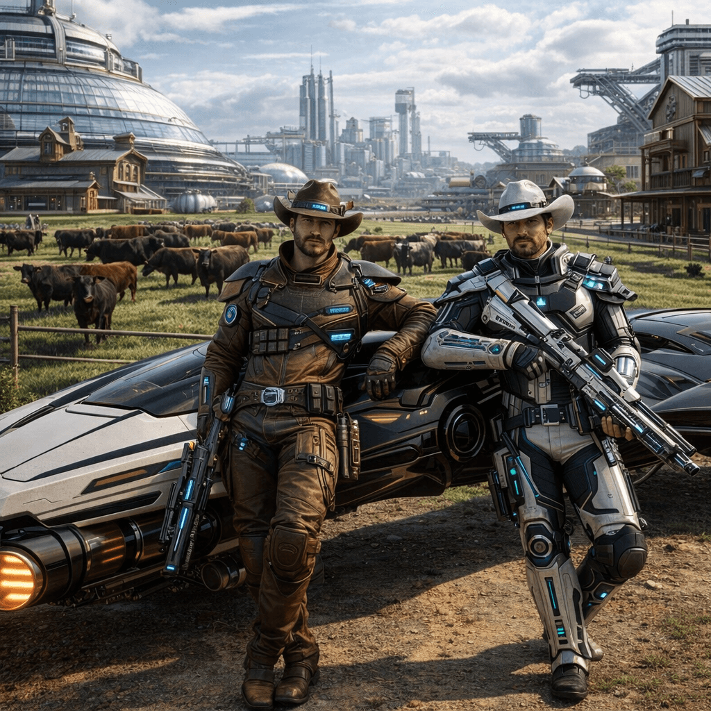 AI generated: Create an image of two futuristic Human Cowboys, posing comfortably on their futuristic farm. Behind...