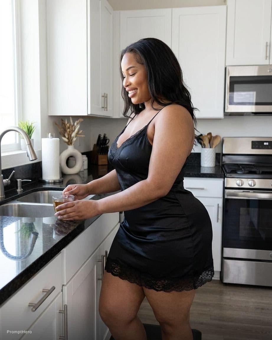 AI generated: in kitchen with sexy black nightie