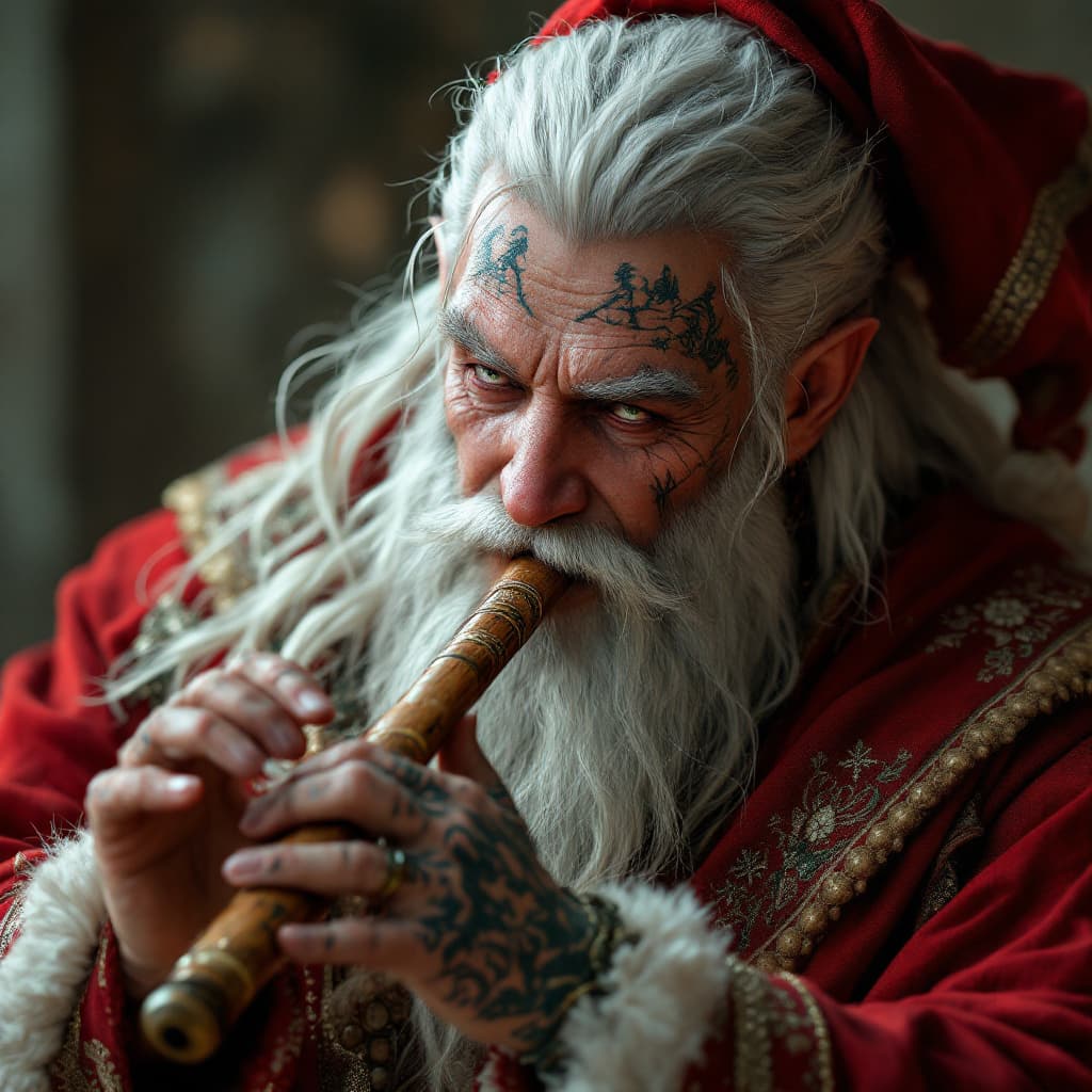 AI generated: male elven bard with tattoos playing a pan flute, resembles santa clause, no color red, ultra realis...