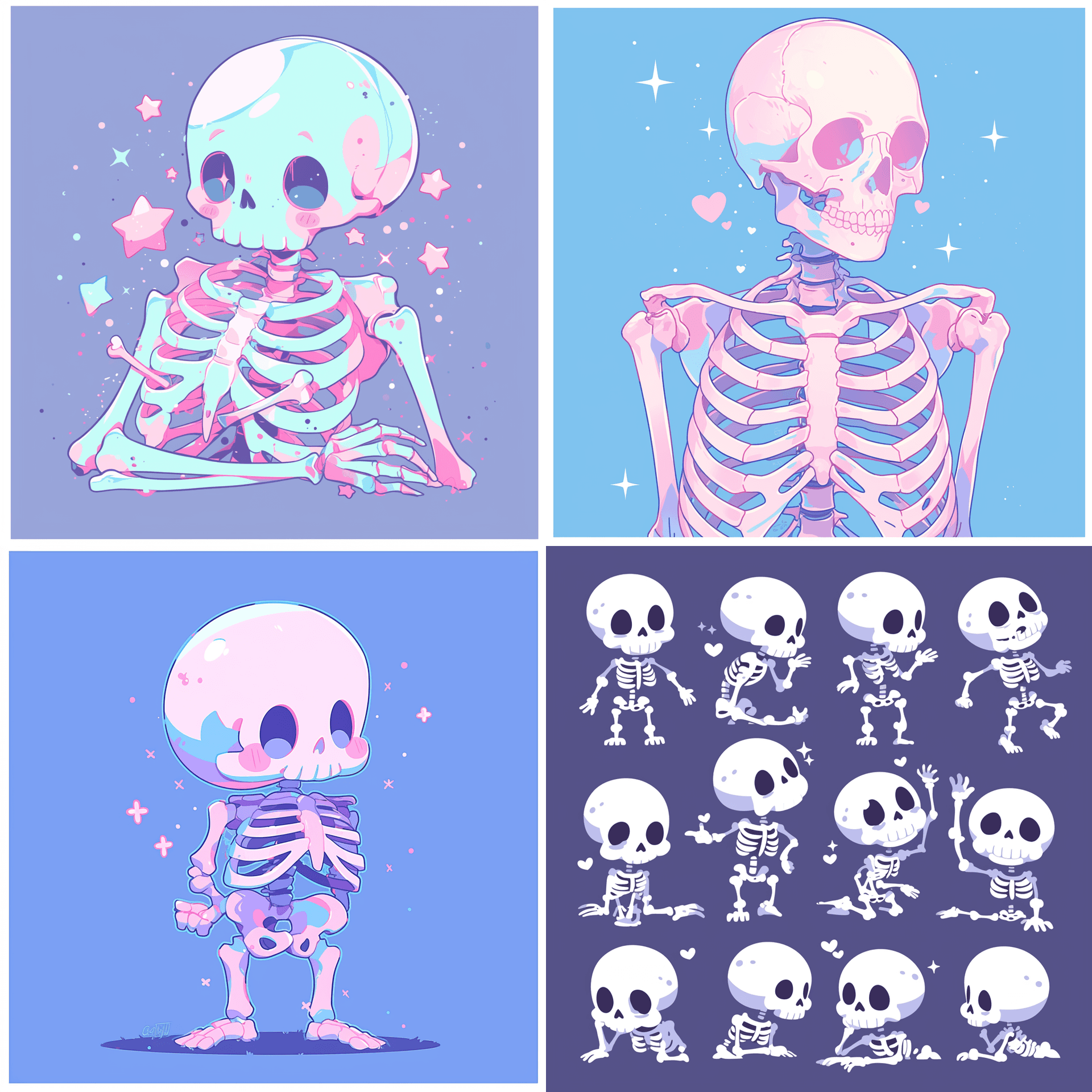 AI generated: A cute human full body skeletons in pastel hues, inspired in the style of greeting cards, in a digit...