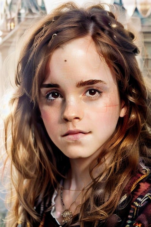 AI generated: Masterpiece, best quality, (Hermione Granger:1.1) (from Harry Potter:1.1), (Hogwarts on the backgrau...