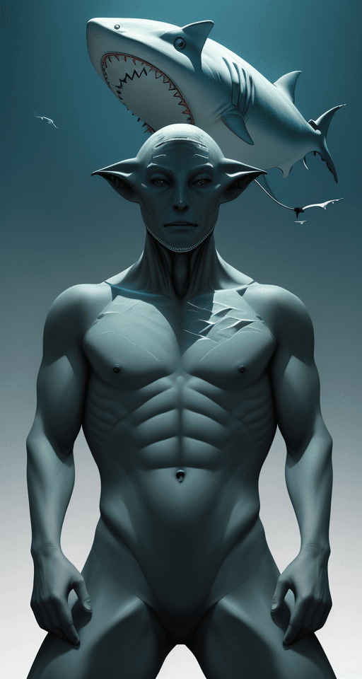 AI generated: Humanoid, with the body of a man and the face of a shark, human eyes, dancing.