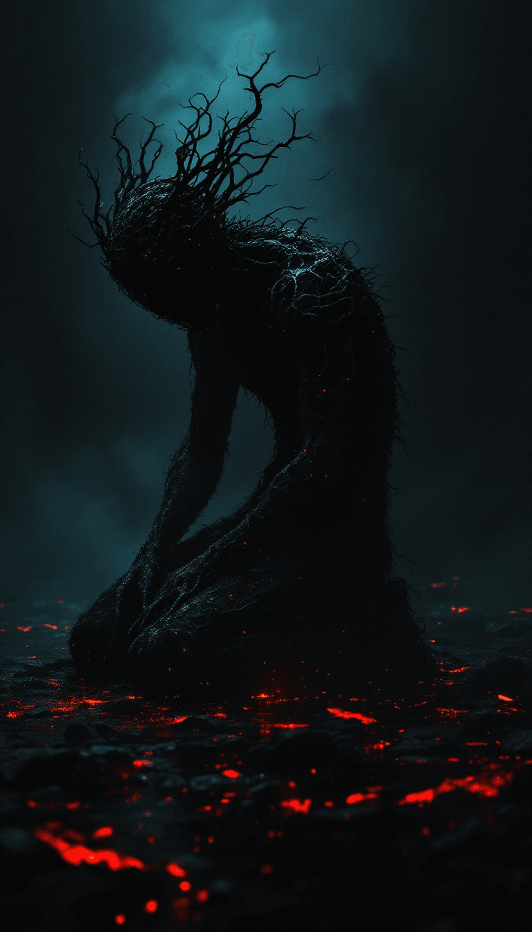 AI generated: alone in the darkness, broken, kneeling and looking down, full body, no face, (psychopathic:0.8) , b...