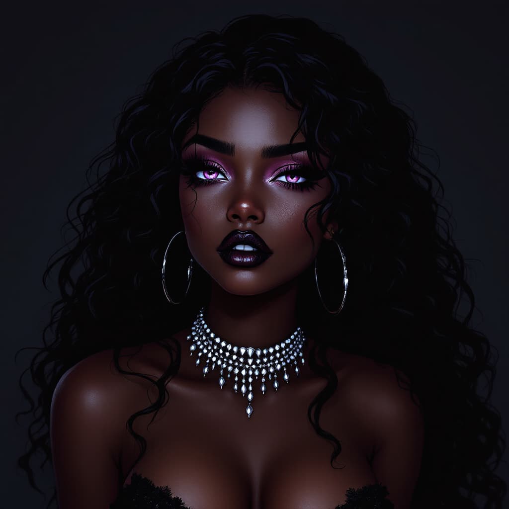 AI generated: gothic anime style,a Girl is cold and arrogant,dark mocha skin, white makeup,purple eyes, long black...