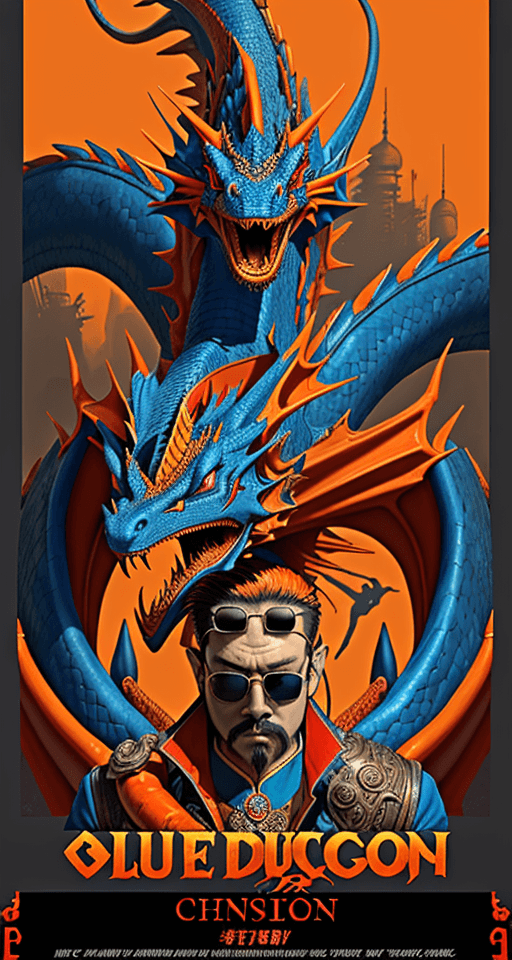 AI generated: poster of a blue dragon with sunglasses, in the style of orient-inspired, post-apocalyptic surrealis...