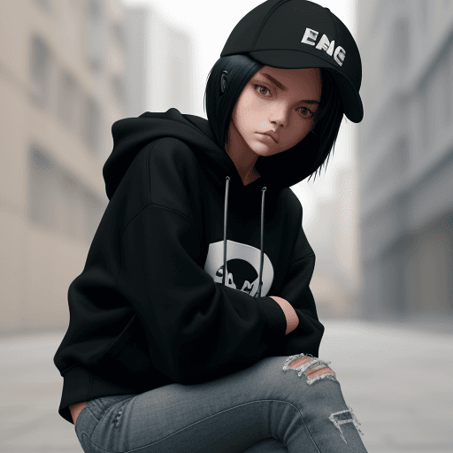 AI generated: tomboy girl, black hoodie, patch, bend, black jeans, dark blue cap, black bob hair, white secret two...
