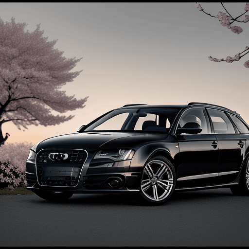 AI generated: a black 2009 audi a6 avant  at sunset with cherry blossom trees, wind, windy, shot on a Sony DSLR, 5...