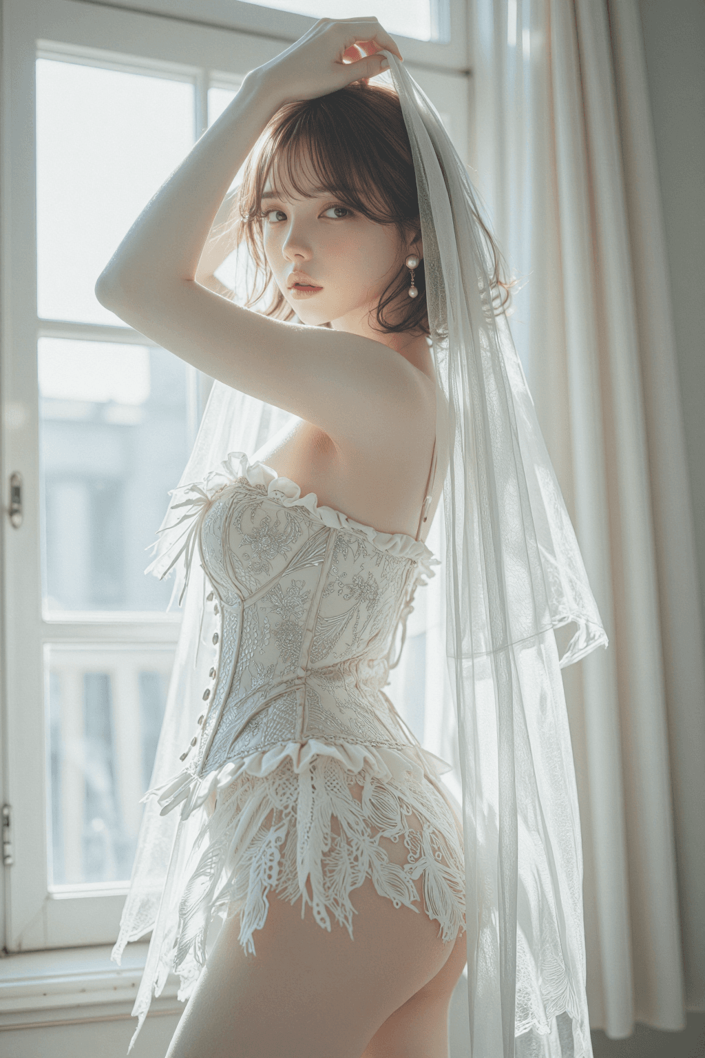 AI generated: This is an ethereal and romantic, medium-full shot of a beautiful young woman of East Asian descent,...