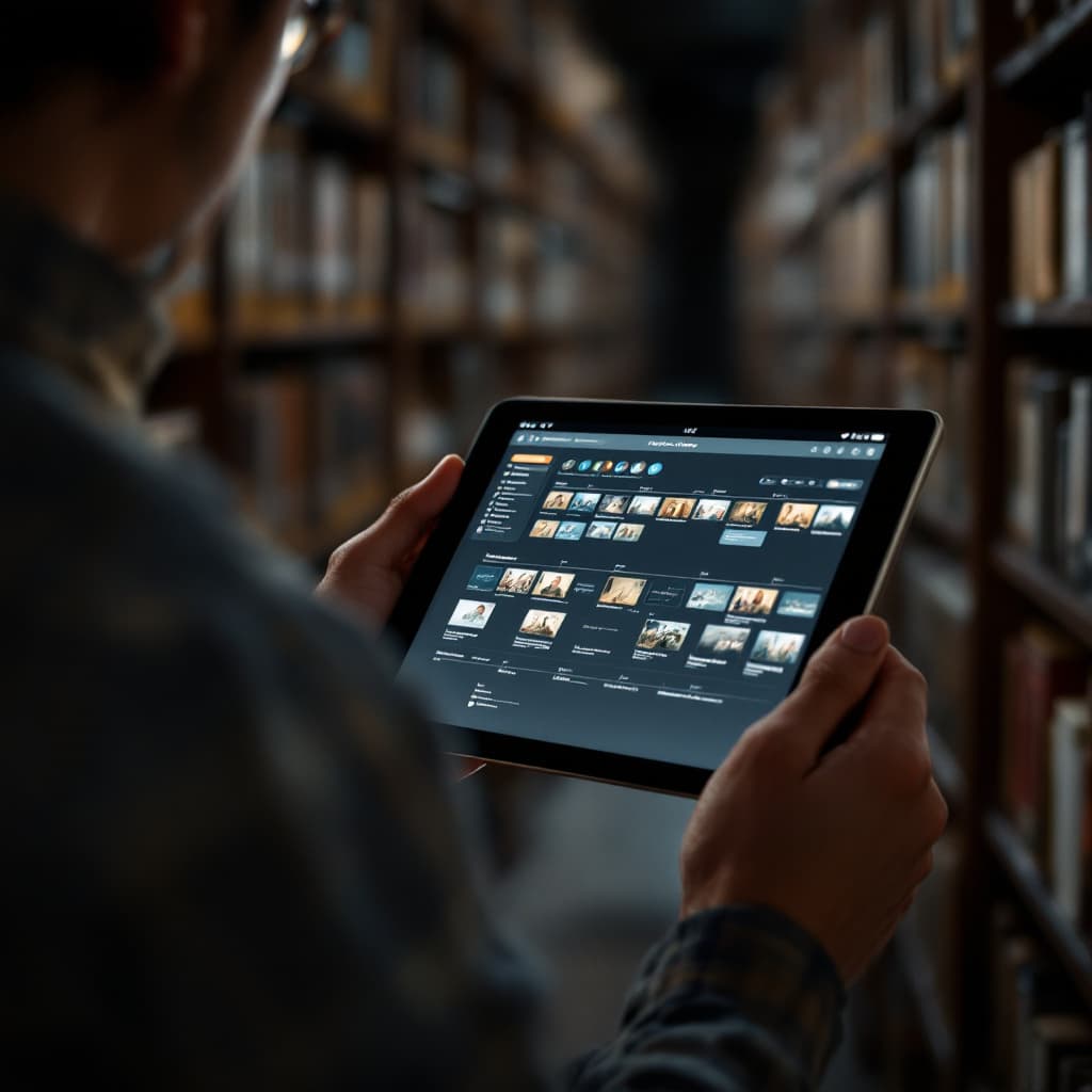 AI generated: A captivating image of a person exploring a historical archive, with a tablet displaying a timeline ...