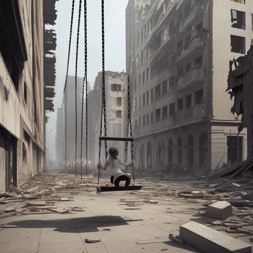 AI generated: art, Destroyed buildings, swing, people walk