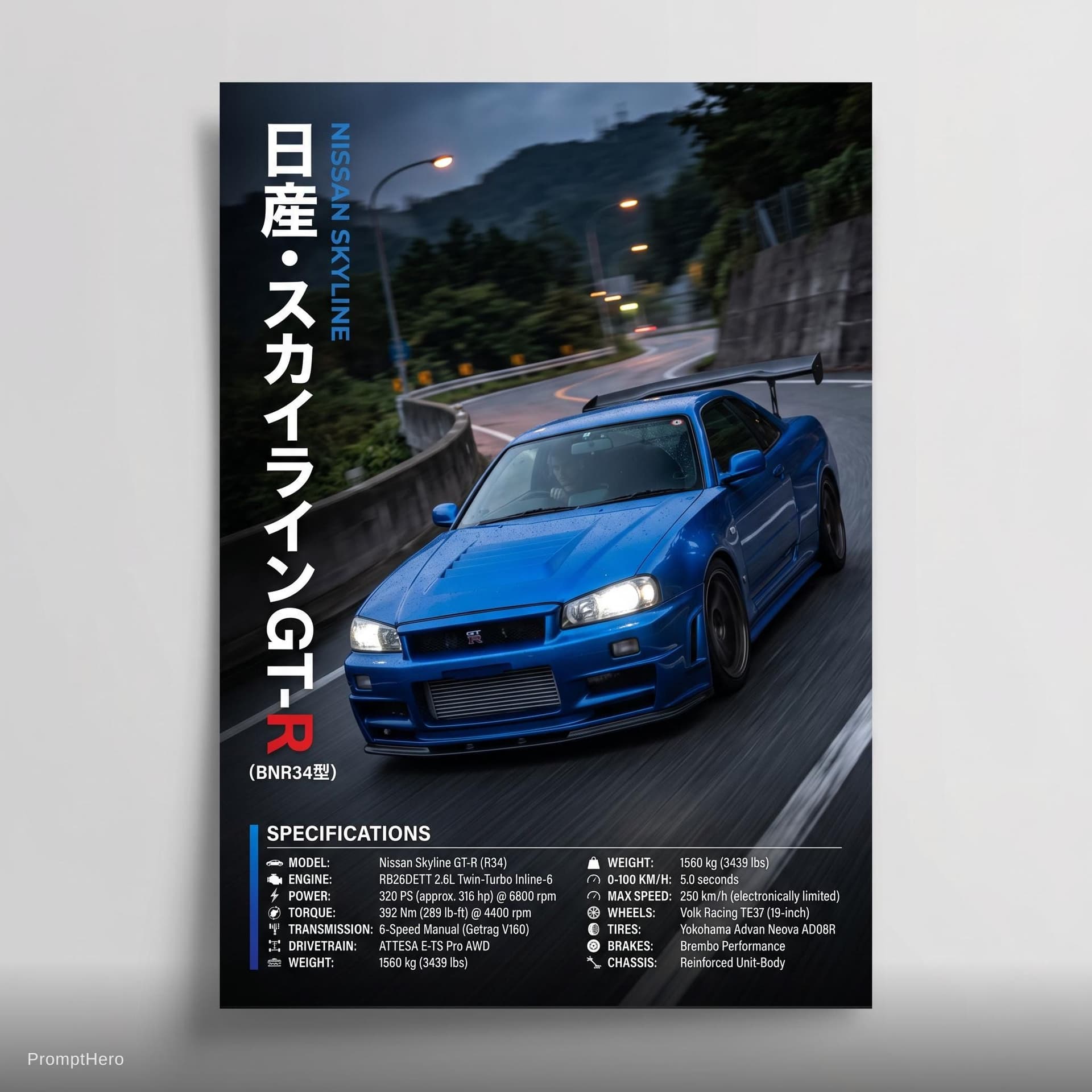 AI generated: Left side japnese name of car bottom left detail of car and printable poster
