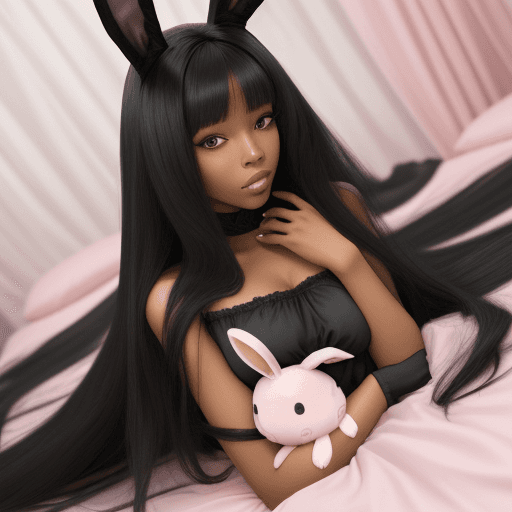 AI generated: women long wihte hair with black sheets cuddeling with a pink rabbit 
