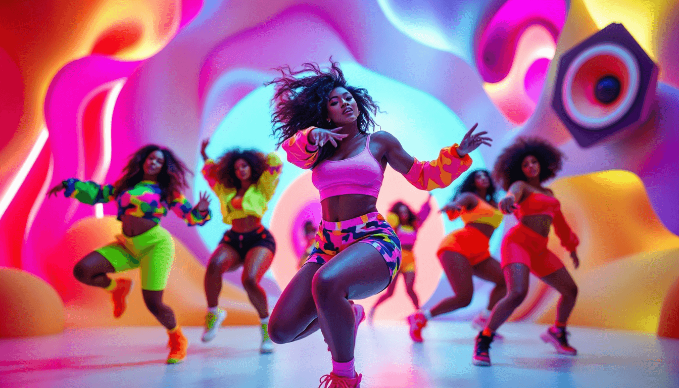 AI generated: Group of Stunning Curvy young Women, performing dynamic contemporary dance moves in a vibrant, styli...
