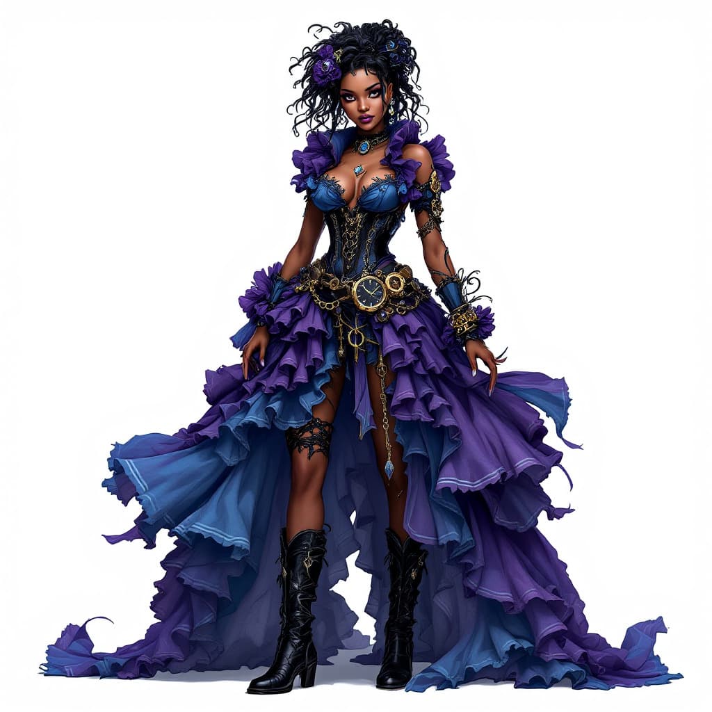 AI generated: Steampunk BEAUTIFUL dark-skinned LADY ""STANDING"", DRESSED IN blue and purple RUFFLES AND BLACK BOO...