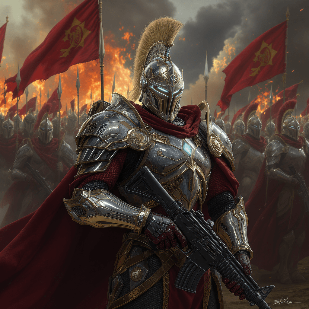 AI generated: Masterpiece photoshoot of a soldier of the future in royal armor, cyber technology, at the head of t...