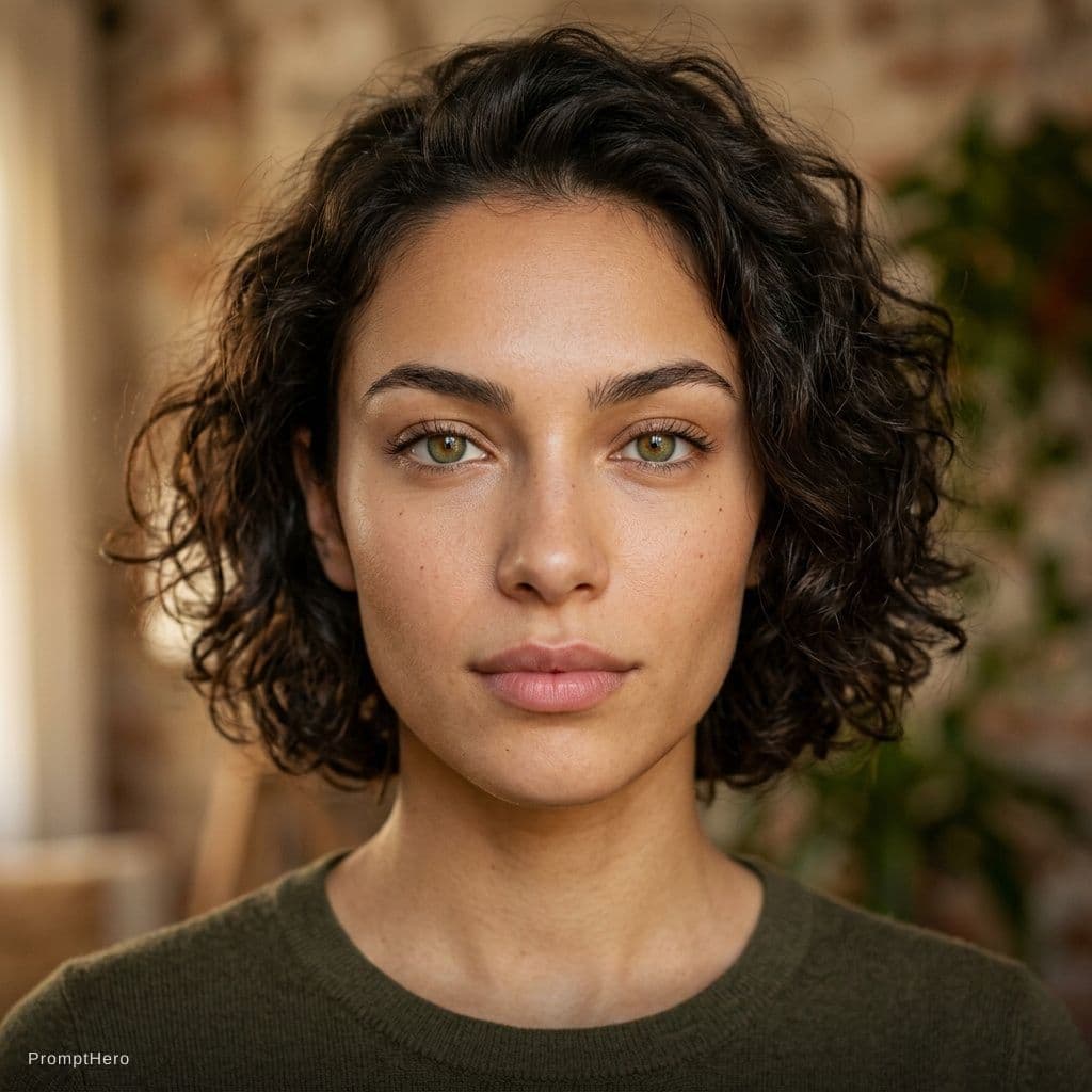 AI generated: Ultra-realistic portrait of a 22 years old woman with striking hazel-green eyes, intense and symmetr...