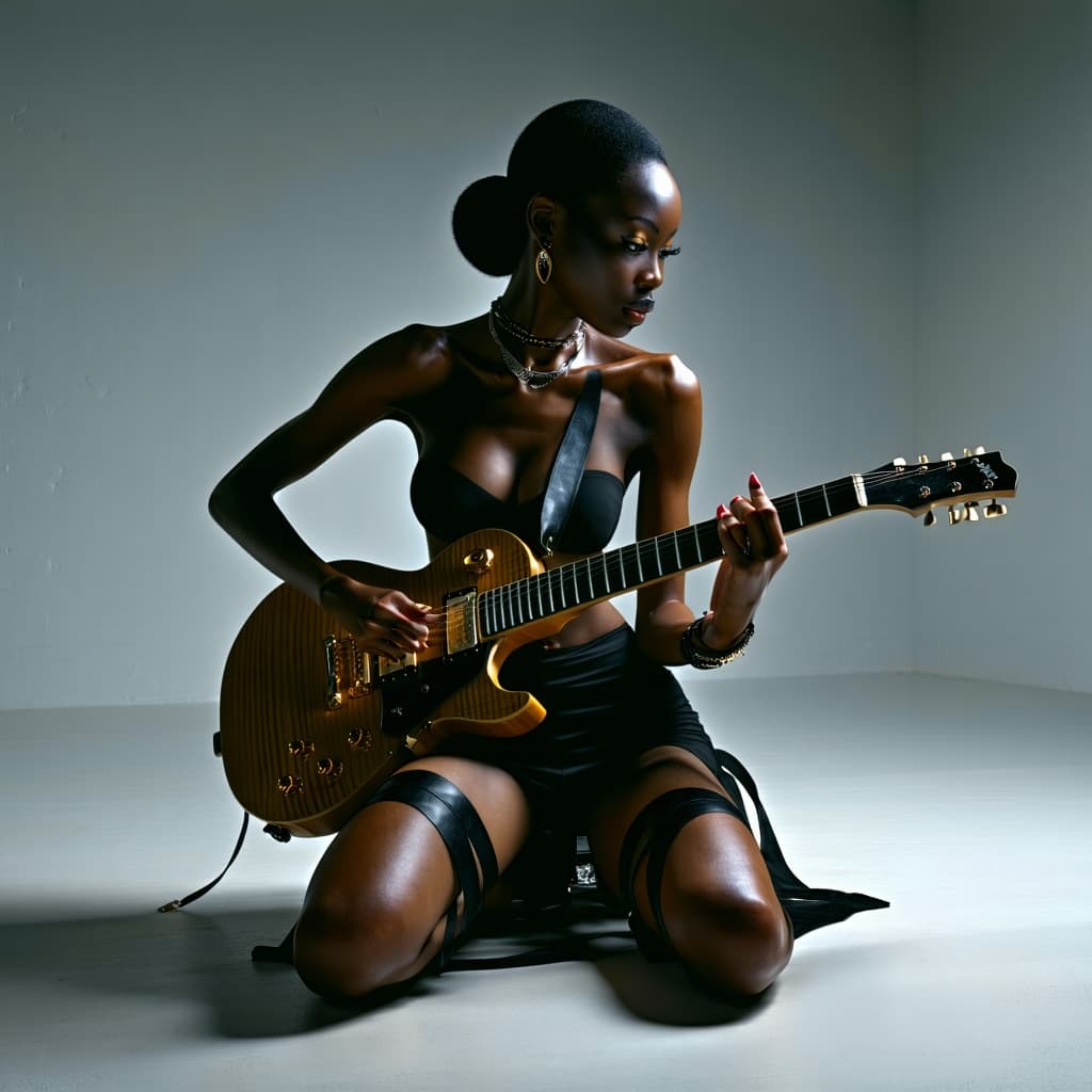 AI generated: Woman (ethnicity:1.2, age:1.1), (detailed clothing:1.2), (body type:1.1, pose:1.2) kneeling, playing...
