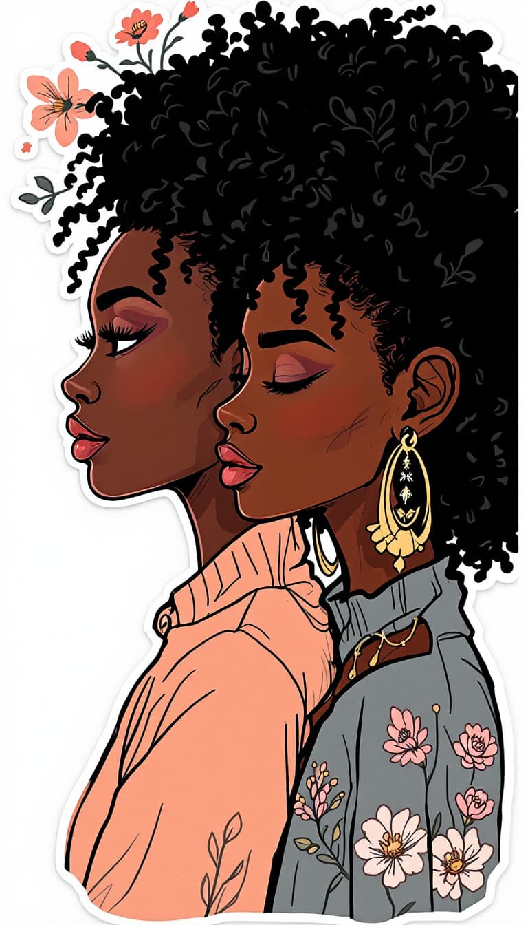 AI generated: continuous-line-drawings-of-black women and men-with-pastel-colors-sticker-2d-cute-fantasy-dream-905...