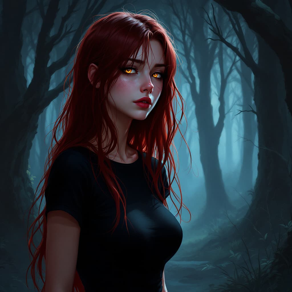 AI generated: Female, Young adult female, long dark red hair, sleepy amber eyes, pale, wearing black tight tee,  d...