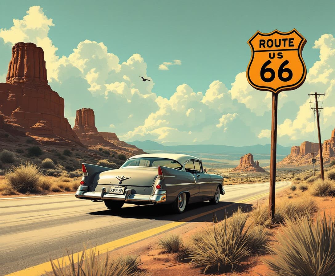 AI generated: i'd like a highly stylized artwork with route 66 tones and theme containing a 1950s or early 1960s c...