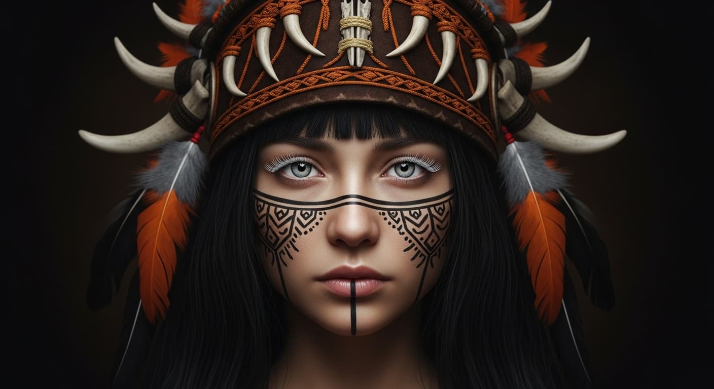 AI generated: Portrait of an Indian woman with black hair, wearing dark brown and orange traditional warrior headw...