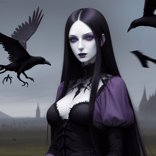AI generated: high resolution, fantasy, goth, pale skin, purple eyes, long black straight hair, crows in the backg...