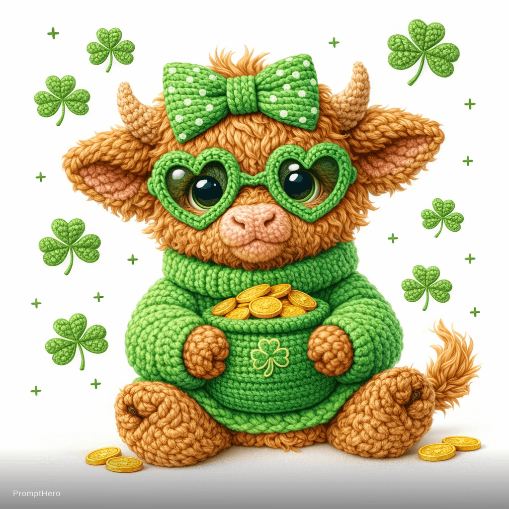 AI generated: Ultra high resolution 3D knitted baby highland cow with realistic braided yarn strands forming the f...