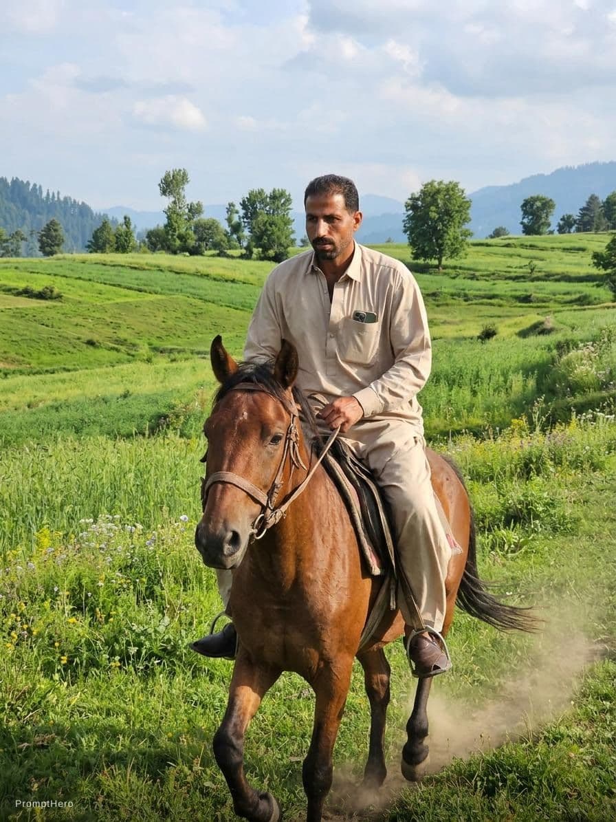 AI generated: A man riding on a horse in a lush green fields 