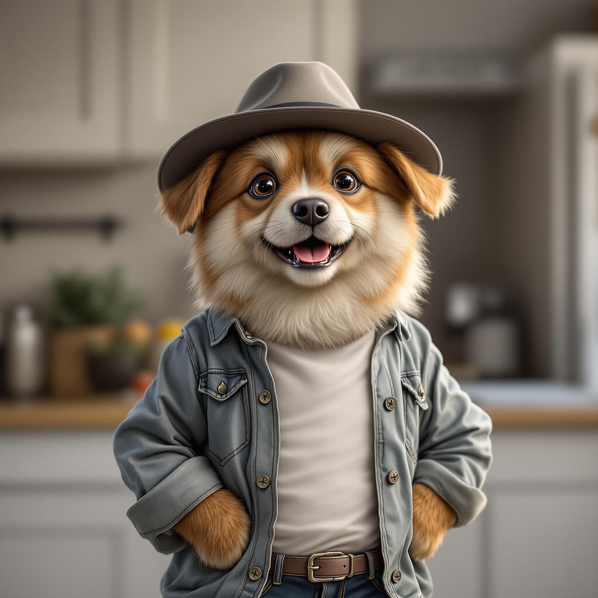 AI generated: A cute dog standing like a person, dressed in an shirt, jeans, and hat, full body, the background is...