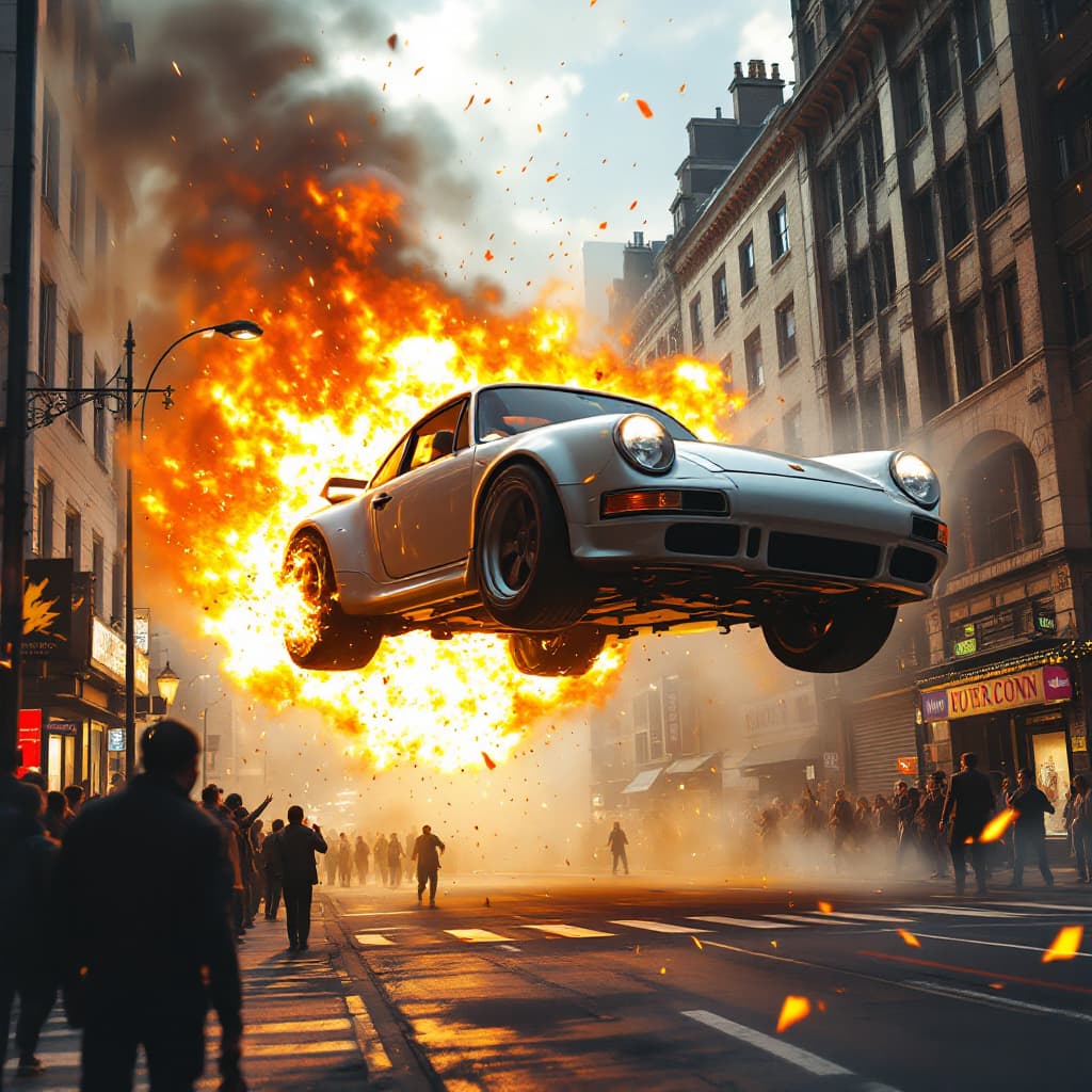 AI generated: (Action film photograph) a Porsche is (flying high through the air) , being driven by an action star...