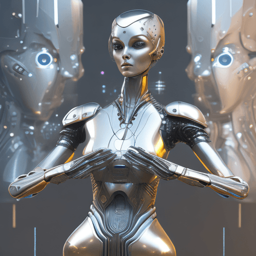 AI generated: a futuristic mechanical woman is posing with an open hand, in the style of dark silver and light gol...