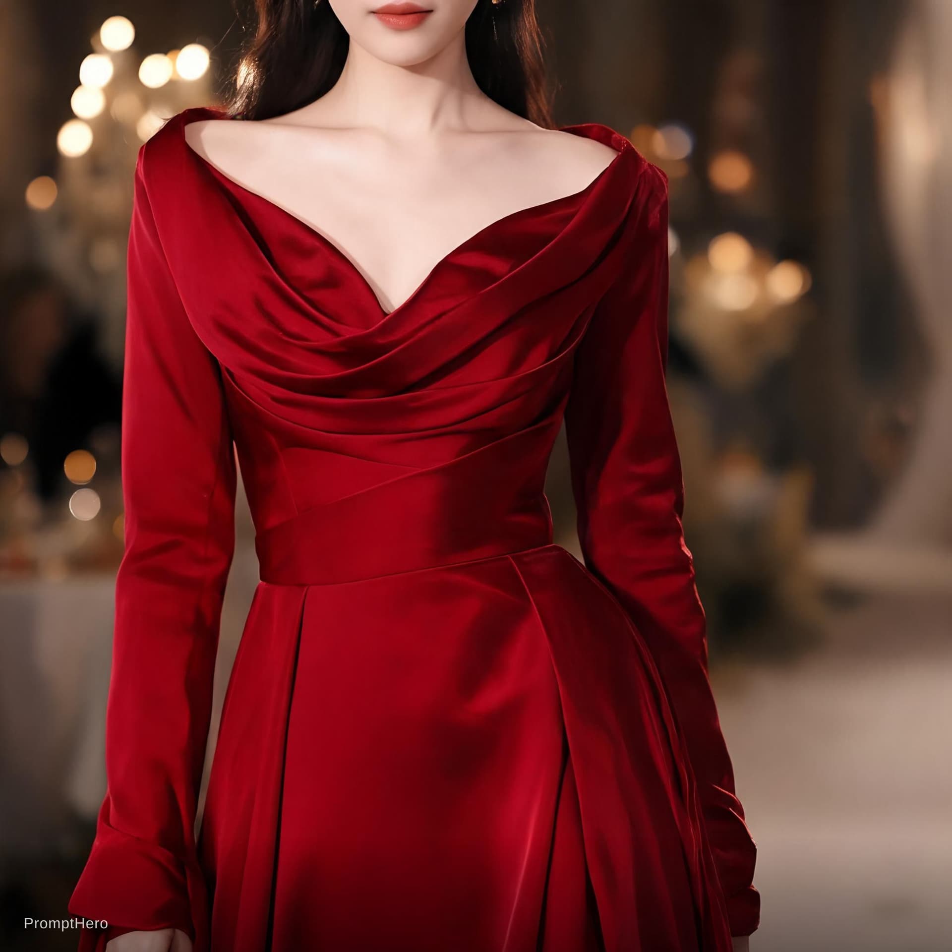 AI generated: red evening downblouse dress