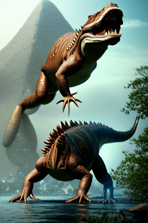 AI generated: salamander, titanosaurus, giant walking spinosaurus on hind legs, spinosaurus, large dorsal sail, ar...