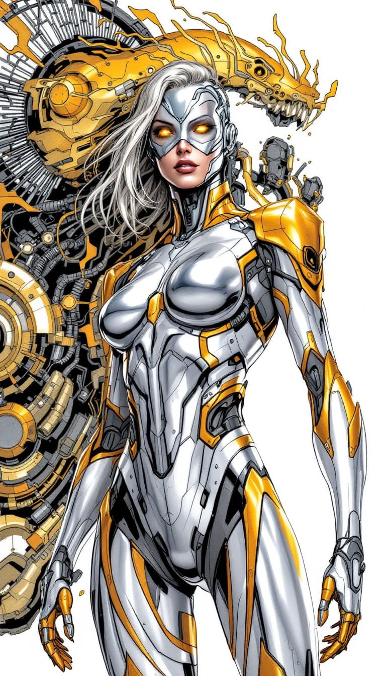 AI generated: A cybernetic female heroine with a metallic, silver face, a dynamic fusion of Ironheart, Rescue, and...