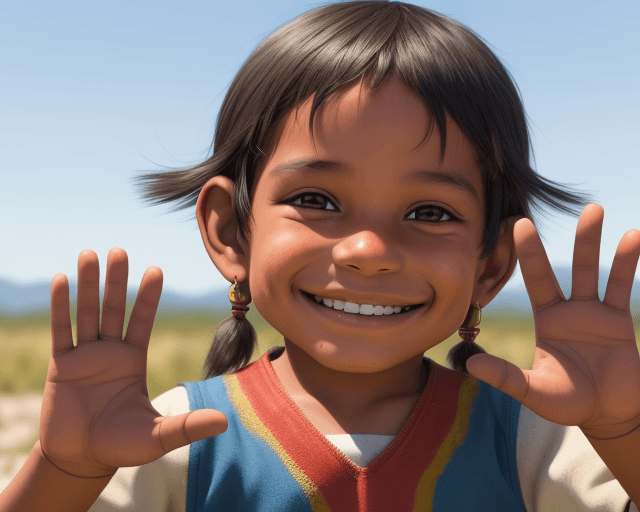 AI generated: realistic image of an indigenous child smiling and waving with his hand without ornaments, without m...