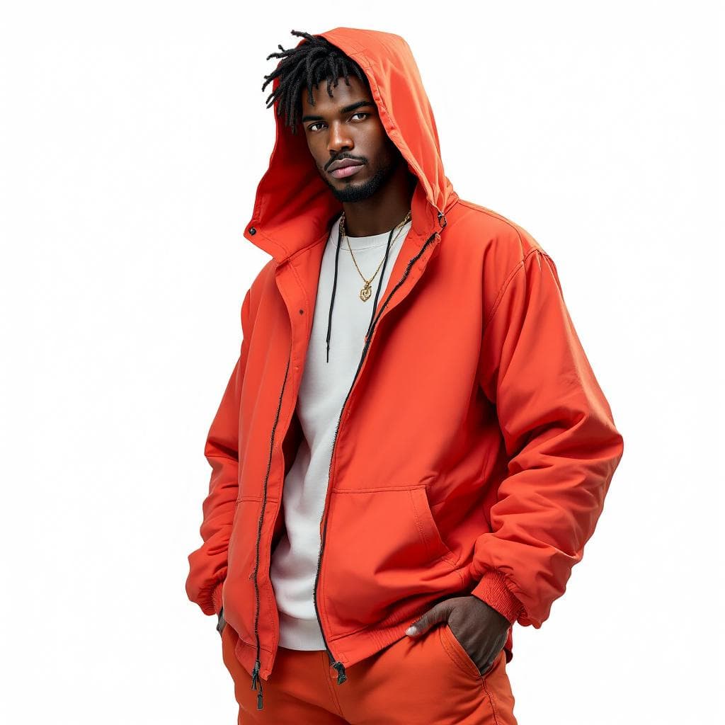 AI generated: create a black man 2d with a nice random main color hooded 
jacket, a nice pants.create a gray male...