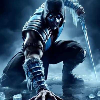 AI generated video: Warrior crouching ready to strike with ice shards cracking and mist swirling around, medium camera s...