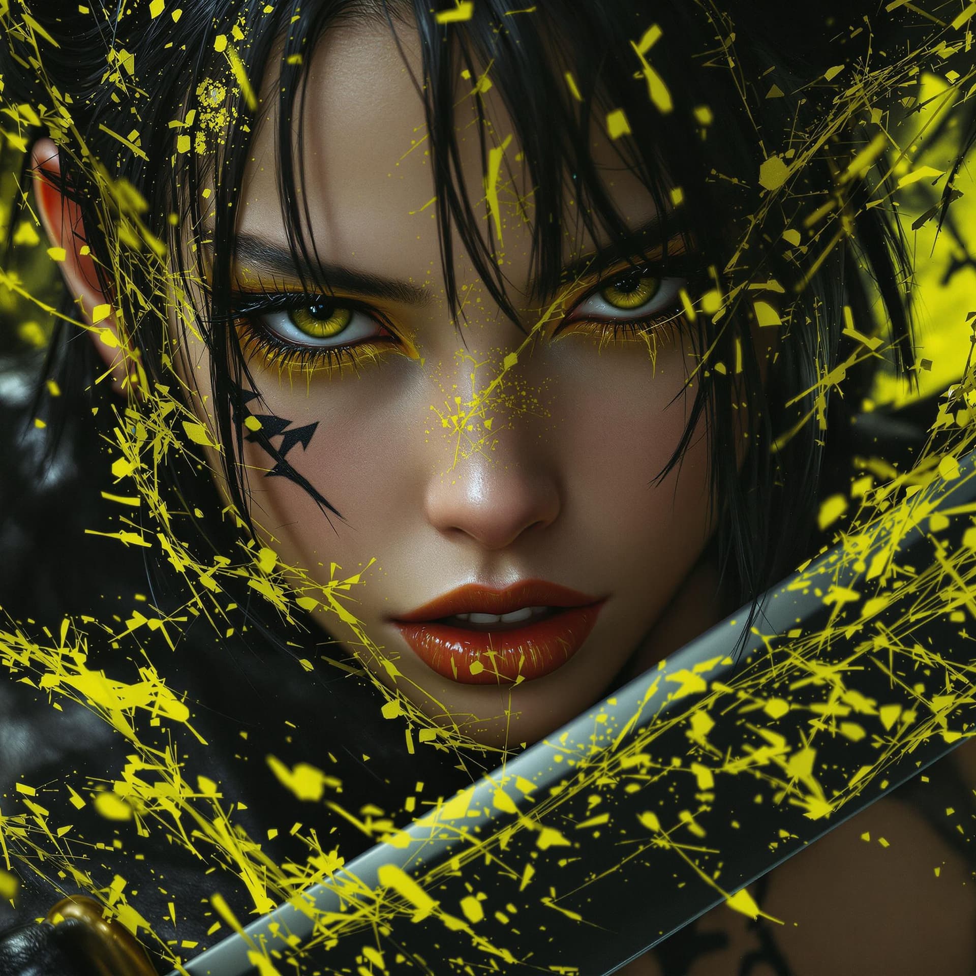 AI generated: Editorial Vivienne Tam photography of a gothic punk rebel Japanese [woman] with neon yellow and blac...
