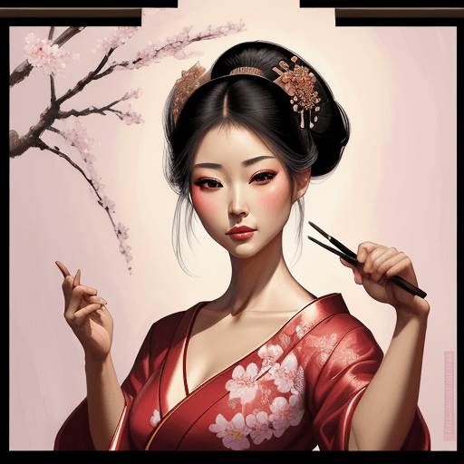 AI generated: (Masterpiece 1:1) art in the style of Fabian Perez and Larry Bud Melman. ethereal geisha, elegant, b...