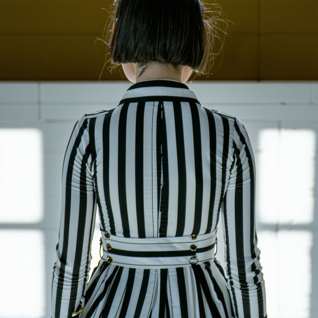 AI generated: In first person view, looking down at my body, wearing a horizontal black and white striped prison d...