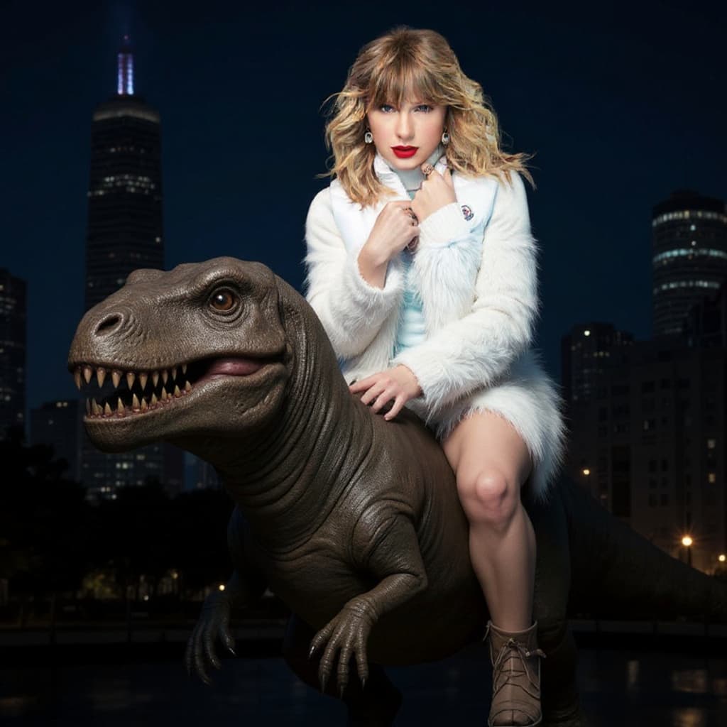 AI generated: a full body portrait Taylor Swift riding a full size hyper-realistic Tyrannosaurus Rex.She is wearin...