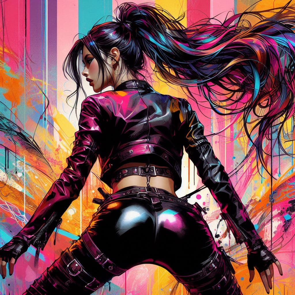 AI generated: aesthetic, painterly style, modern ink, gothic girl bended, back shot, very tight leather clothes, v...