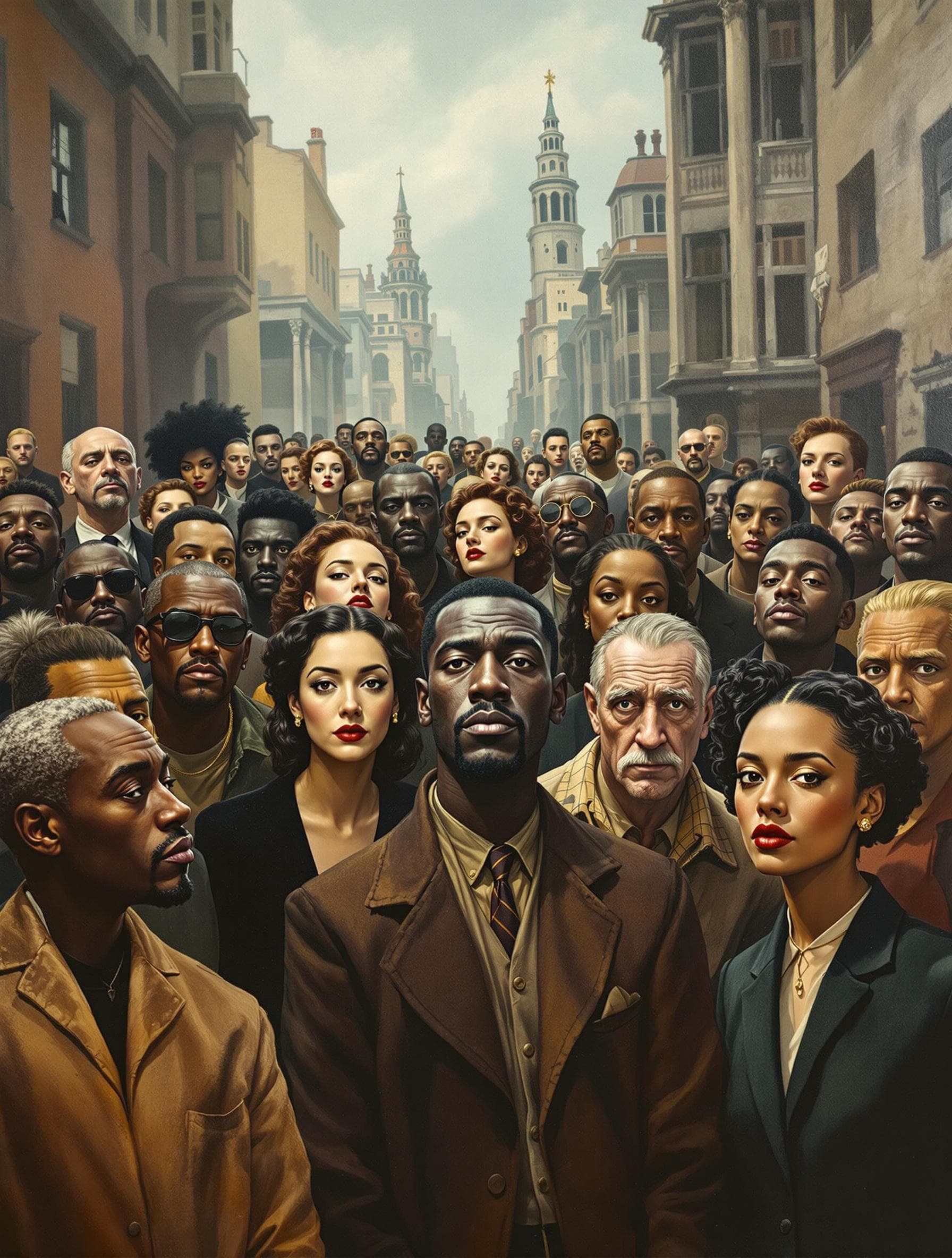 AI generated: a racially diverse crowd of men and women stand together facing the viewer. it is the 1940's. The ba...