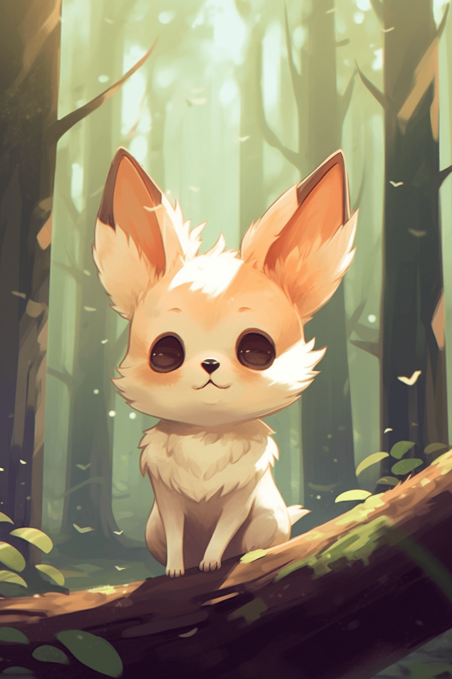 AI generated: Charming illustration, forest view, Low Angle Shot, a cute anime animal, with an adorable expression...
