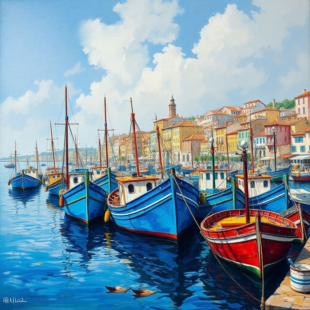 AI generated: boukaabka port, blue fishing boats a city scene, in the style of the snapshot aesthetic, Rembrandt, ...