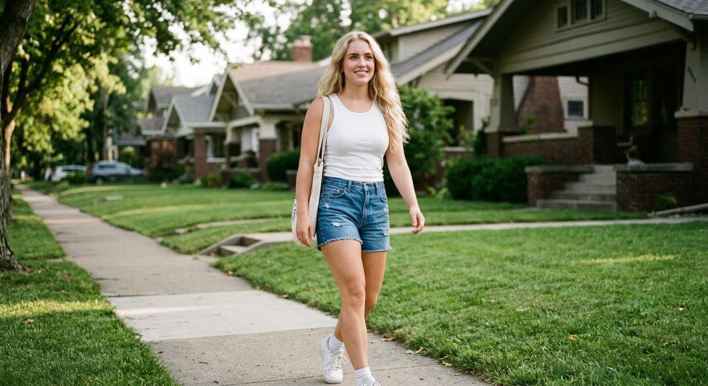 AI generated: all american girl next door blue eyes hair down light blonde hair tone not muscular matcing blonde e...