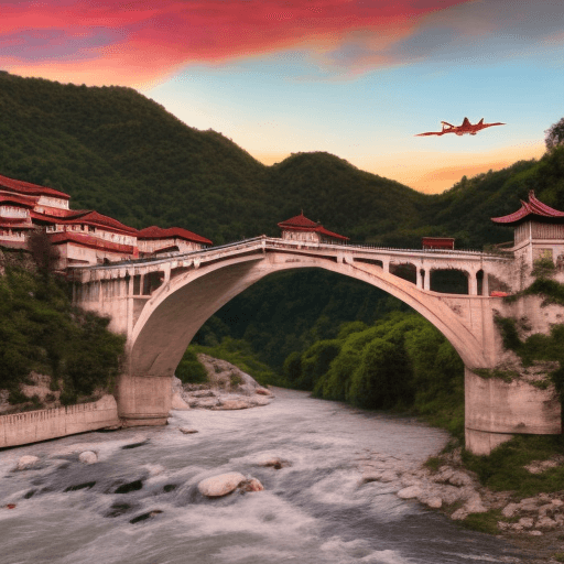 AI generated: Image of a roman bridge, looking up river, with a reddish sky and a Chinese style dragon approaching...