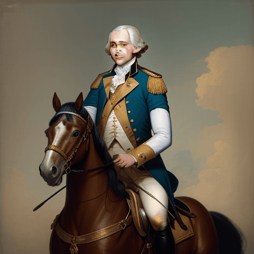 AI generated: In the style of the old masters, George Washington, on a horse, camera is 10 feet away, camera is fo...