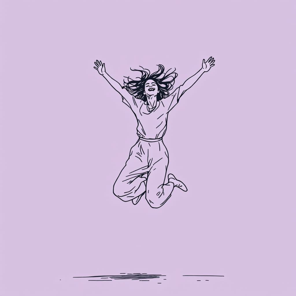 AI generated: minimalist line art drawing of an iranian  girl leaping joyfully, sketched in continuous black lines...