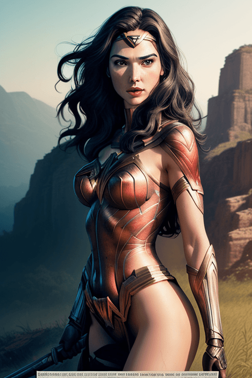 AI generated: poster of sexy gal gadot | (((nude))) | amazon warrior princess| standing on hill |centered| key vis...